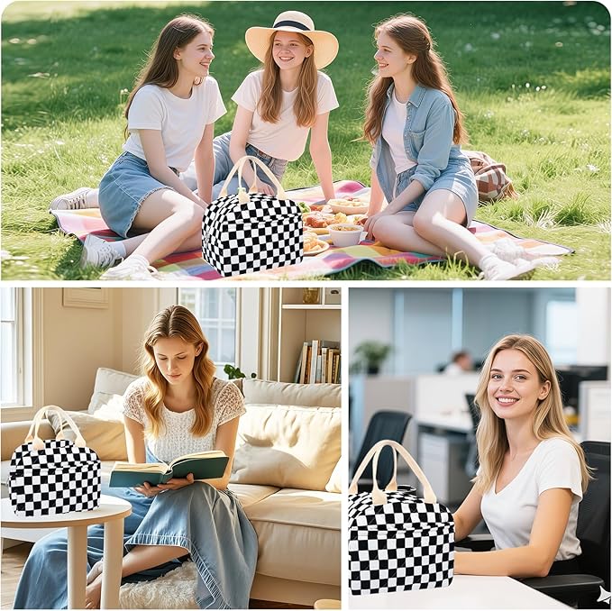 Cotton Quilted Insulated Lunch Bag, Cute Quilted Floral Lunch Tote Bags Reusable Insulated Lunch Box Coquette Aesthetic Large Capacity Insulated Cooler for Women Work Travel Picnic (Checkered-Black)