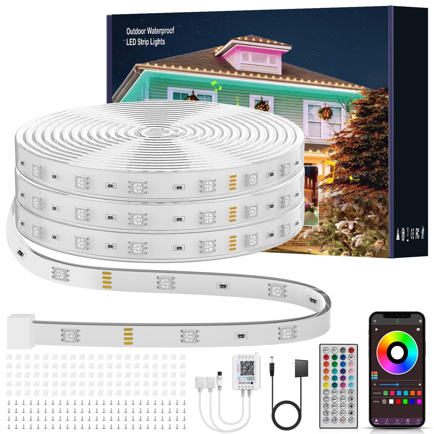 Ledagic Waterproof LED Strip Lights 200ft, RGB Music Sync, Remote & App Control, Plastic, Model Led-rgbwp003-3, White