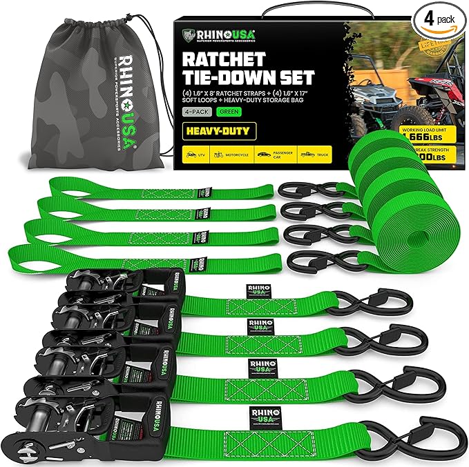 Rhino USA Ratchet Straps Heavy Duty Kit (2-Pack) - 1.6 Inch x 8 Feet Min Break Strength (5,000) - Ultimate Tie Down Straps...