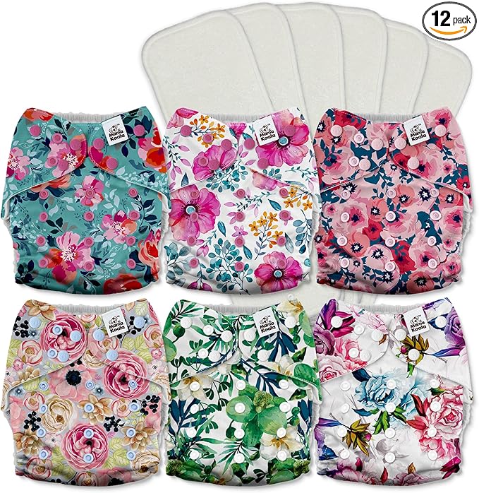 Mama Koala 3.0 Pocket Cloth Diapers for Babies with AWJ Lining, 6 Pack with 6 5-Layer Natural Cloth Diaper Inserts - Reusable and Washable Pocket Diapers(A-Bloomin' Lovely)