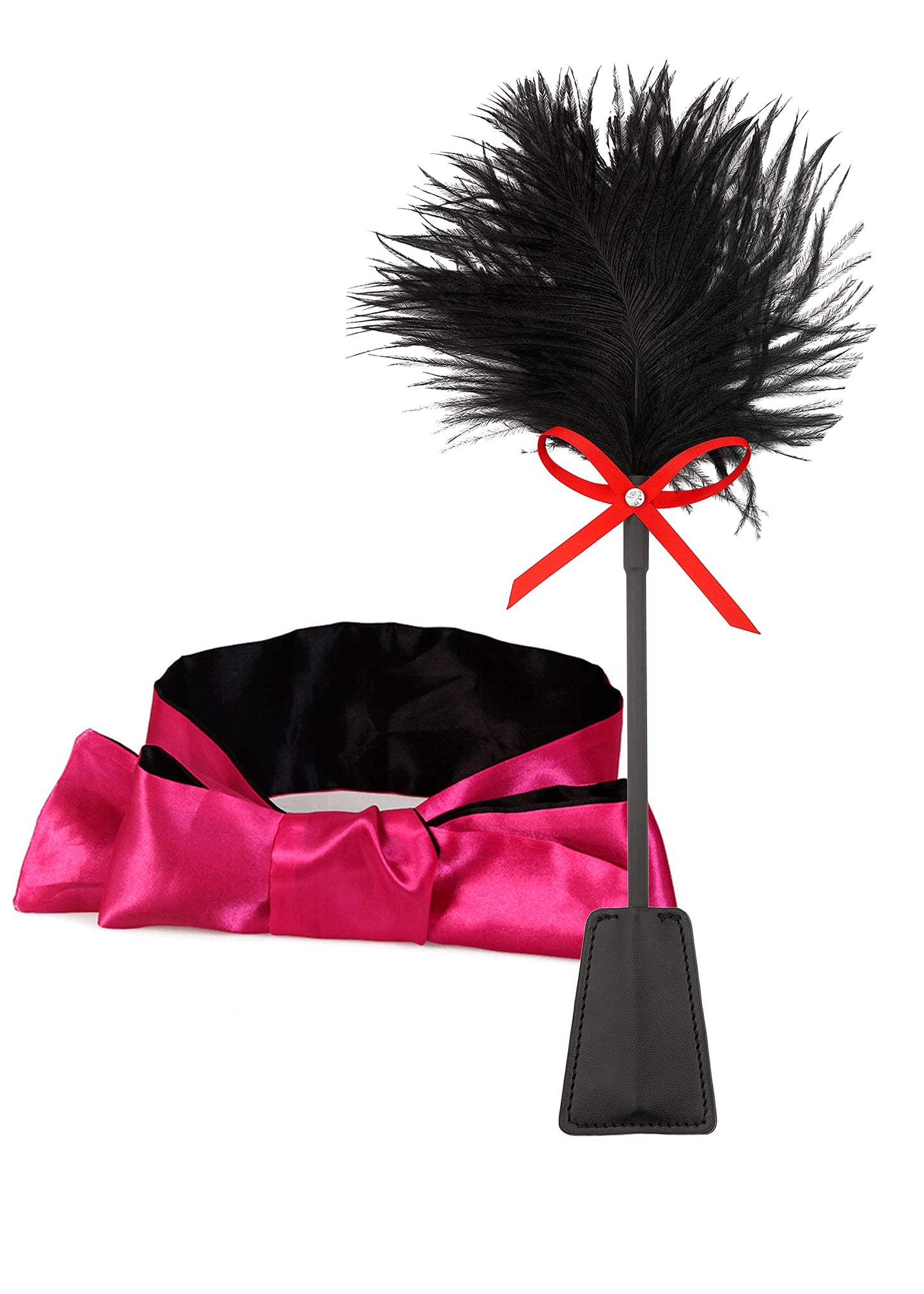 MILOPEDOX Black Feather Tickler for Fun Play, Feather Ticklers Teasers, Crop Toys Role Play Couple Cosplay, Satin Blindfold Eye Mask Red 59"