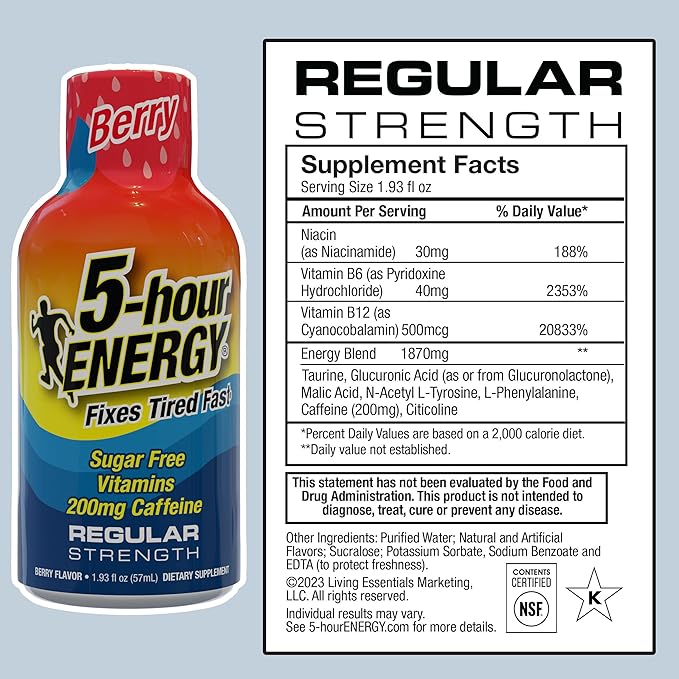 5-hour ENERGY Regular Strength Energy Shot, Berry Flavor (1.93 oz., 24 Count) Zero Calories & Sugar-Free 200 mg Caffeinated Shot, Amino Acids & B Vitamins, Dietary Supplements