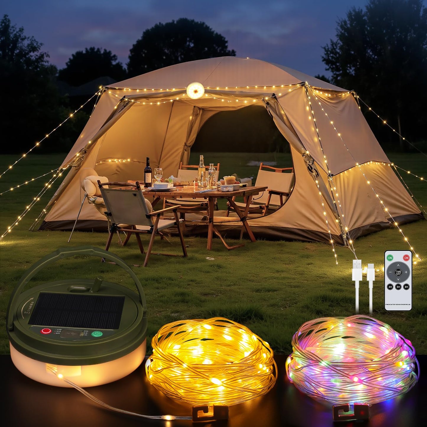 Solar Camping String Lights with 100 LEDs, 33 FT Outdoor Fairy String Lights with 13 Lighting Modes & Timer, Waterproof & Rechar