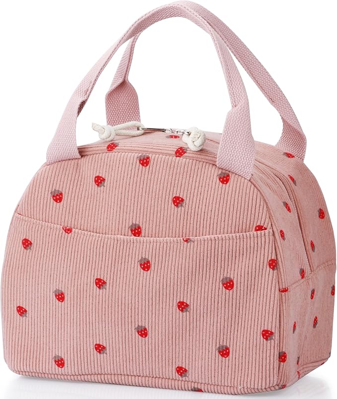 Lunch Bag - Insulated Lunch Box for Women, Reusable Large Capacity Cooler Bag for Adult, Small Leakproof Cute Corduroy Lunch Tote for Work Office Travel Picnic (Corduroy Strawberry Pink)