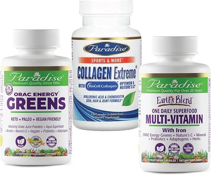 Paradise Herbs ORAC Energy Greens, Multi-Vitamin with Iron & Collagen Extreme Bundle