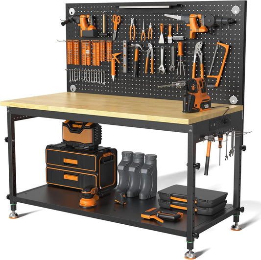 48" Heavy Duty Work Bench Adjustable Height Max Load 2000 LBS with Storage Shelf for Garage Workbench, Rubberwood Tabletop with Pegboard, LED Light, Built-in Power Strip for Woodworking Shop