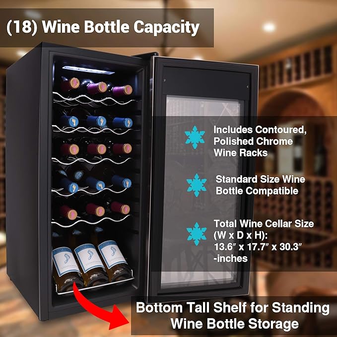 Nutrichef 18 Bottle Slim Wine Fridge | Red and White Wine Chiller | Adjustable Temperature Control 41°F to 64°F | Ultra Quiet Operation | Mini Wine Cooler for Home & Office | 30x13x17 IN
