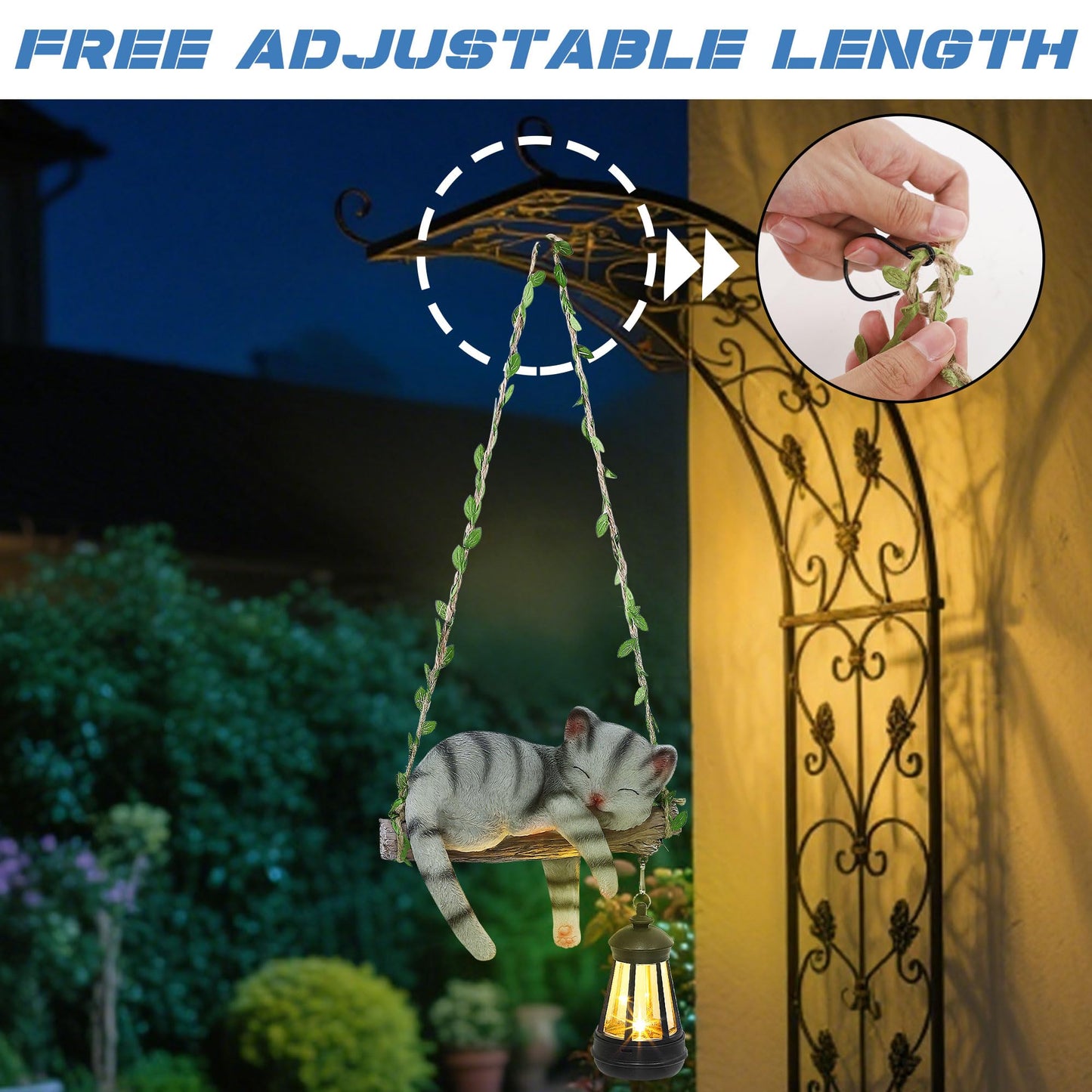 Zaayee Solar Lighted Garden Outdoor Statue  22.6 H Hanging Swing Lying With A Sleeping Cat And A Led Lantern  Resin Animal Figurine Hanging Ornaments With Hook For Decoration & Gift
