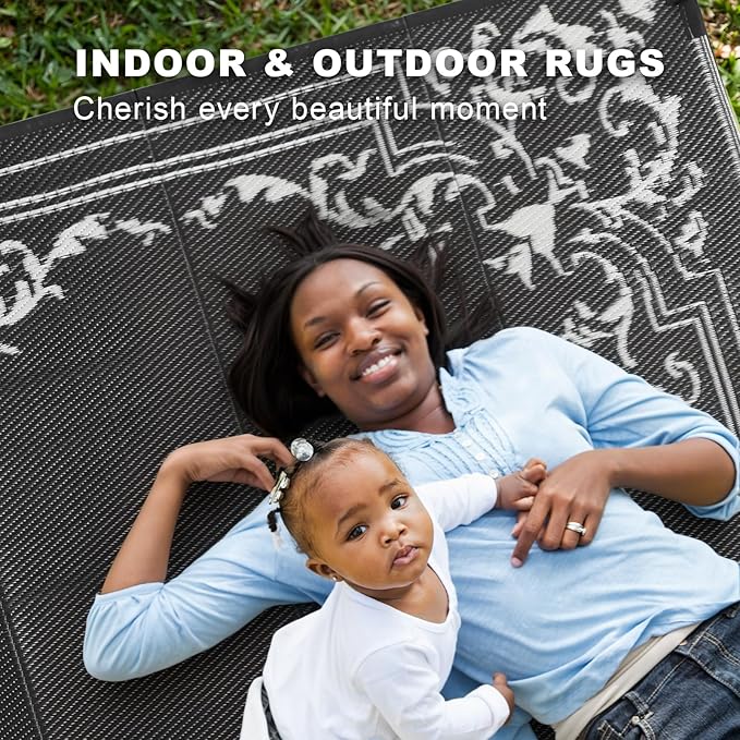 wikiwiki Outdoor Rug, 4x6ft Waterproof Reversible Mat Indoor Outdoor Rugs Carpet, Small Area Rug Plastic Straw Rug for Patio Deck Balcony Pool RV Camping Beach Picnic, Classic Black, Rugscape Series