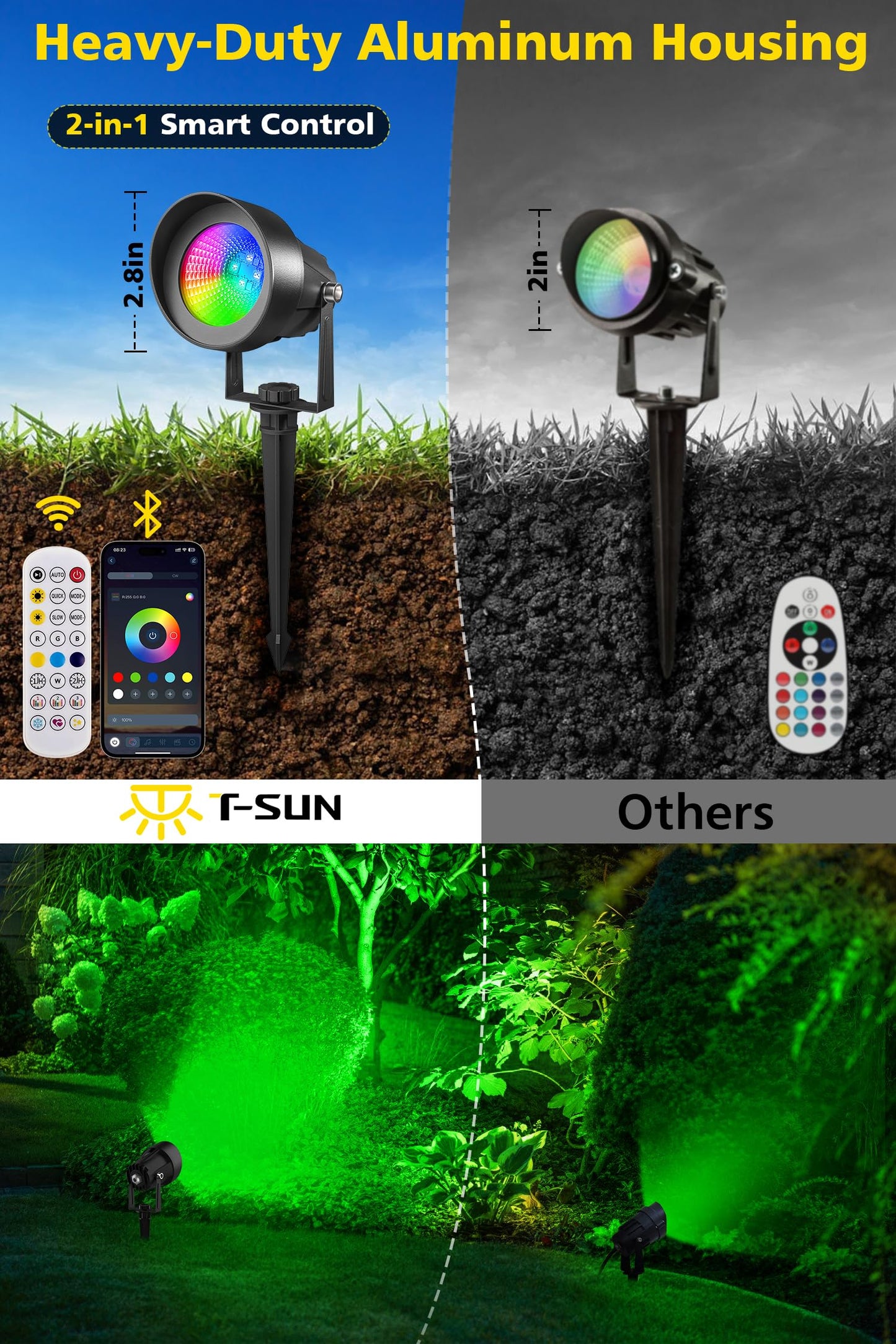 T-Sun Smart Color Changing Landscape Lights  Rgbw Christmas Spotlights Outdoor With App & Remote  Music Sync  16M Colors  Timer  Dimmable Waterproof Spot Light For Yard Garden Tree  Set Of 2