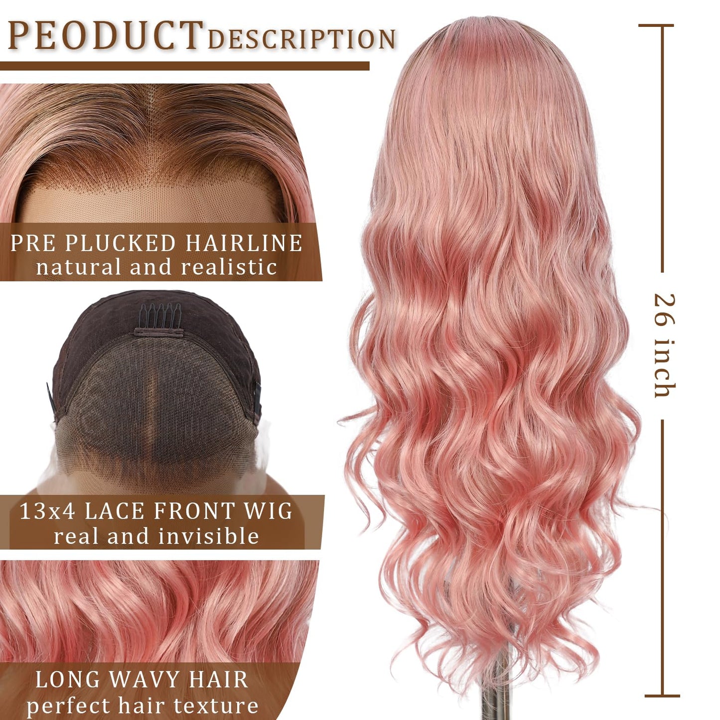SAPPHIREWIGS Pink Lace Front Wigs 13x4 Synthetic Lace Front Wigs Long Body Wave Ombre Honey Pink Heat Resistant Fiber Hair Pre-P