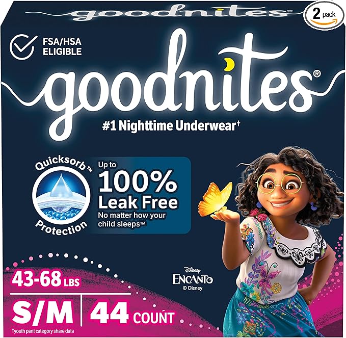 Goodnites Girls' Nighttime Bedwetting Underwear, Size S/M (43-68 lbs), 44 Ct (2 Packs of 22), Packaging May Vary