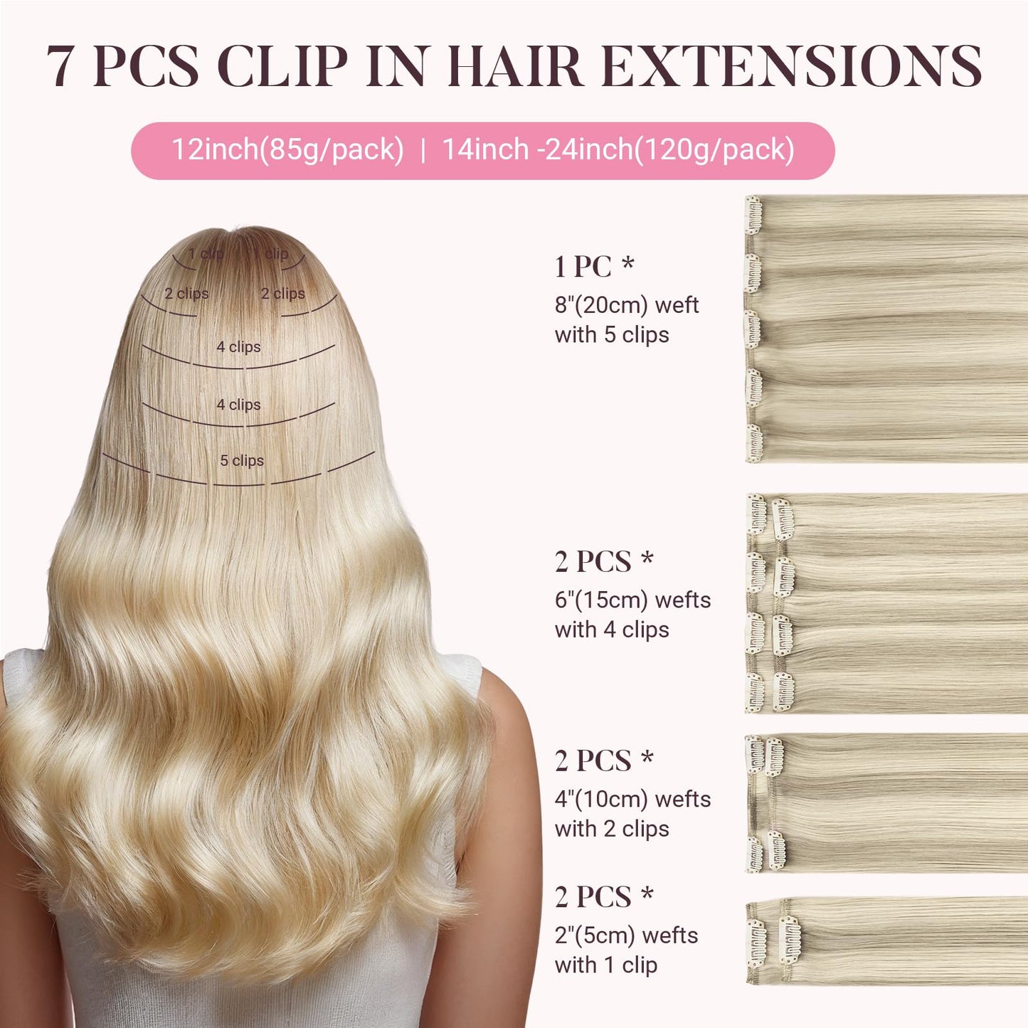 Human Hair Clip in Extensions, 7 pcs Ash Blonde Highlighted Platinum Blonde 120g 24 Inch, MAXITA Long Real Hair Extensions Clip