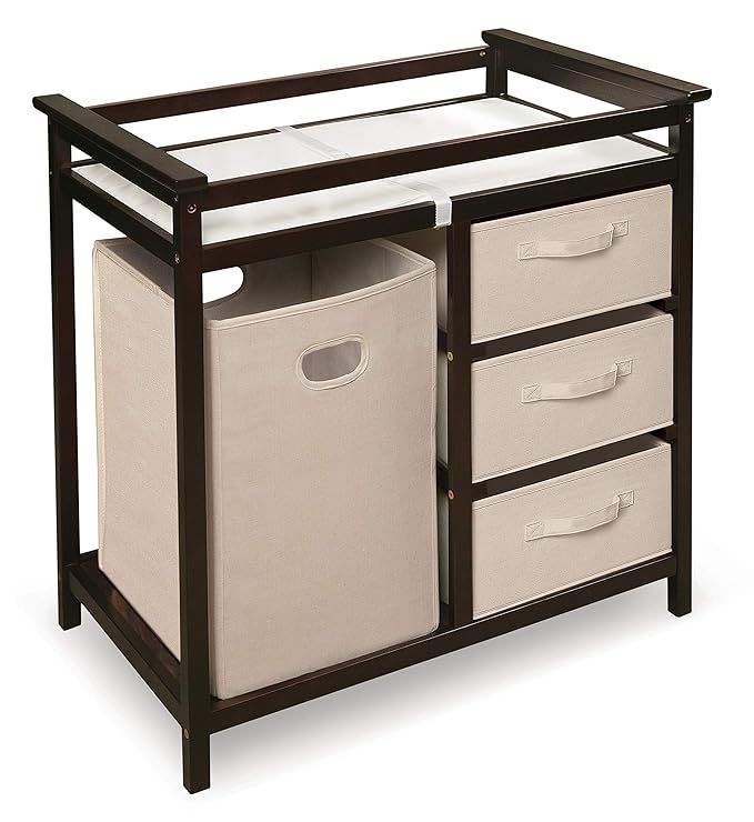 Badger Basket Modern Baby Changing Table for Nursery - Diaper Changing Station with Laundry Hamper, 3 Storage Drawers, Changing Pad, and Safety Belt - Espresso and Ecru