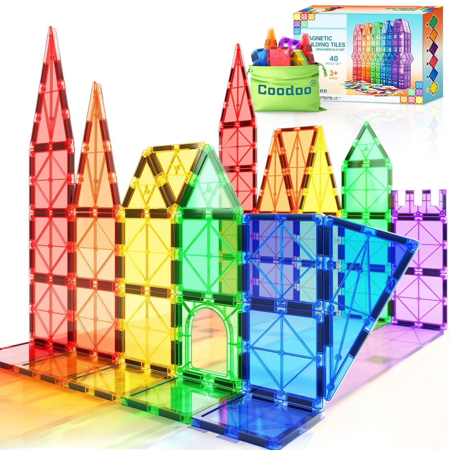 Magnetic Tiles Kids Toys STEM Magnet Toy for Toddler Magnetic Blocks Building Preschool Learning Sensory Montessori Toys for 3+ Year Old Boys and Girls, Safe Creativity Toddler Kids Toy 40PCS