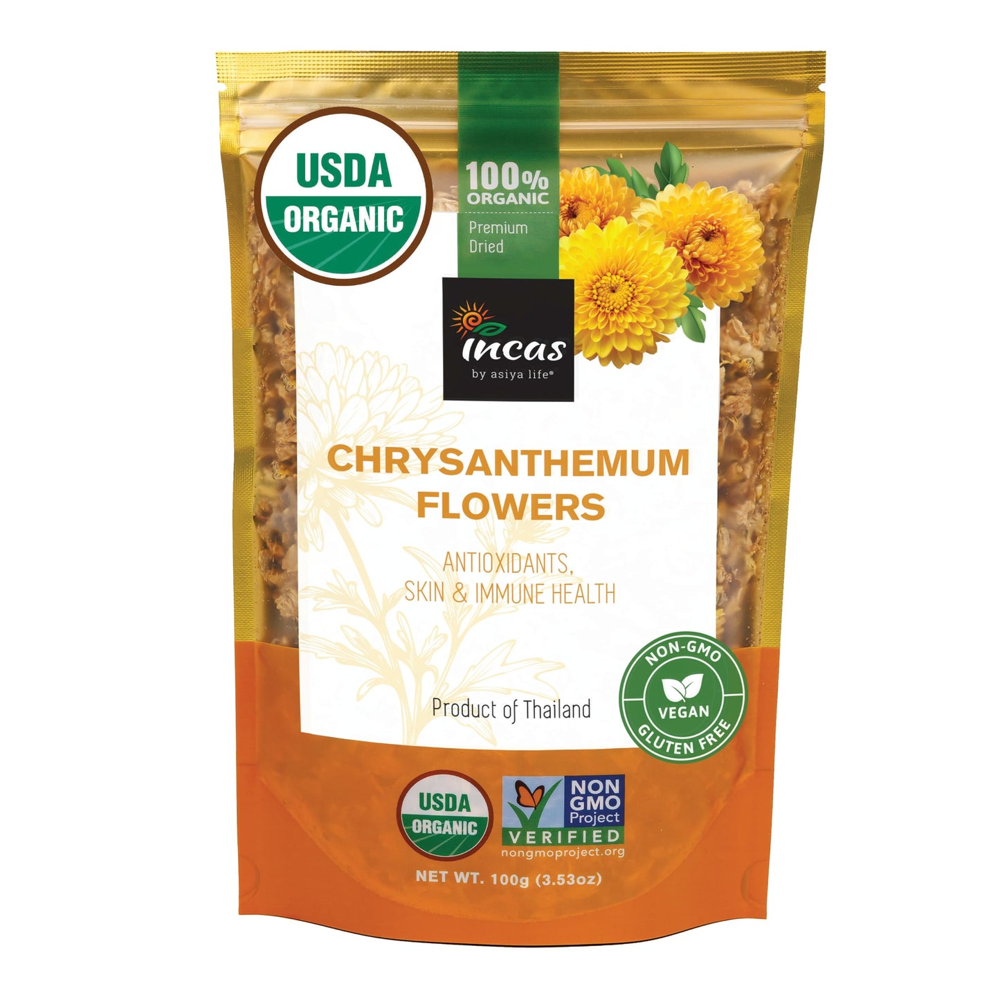 Incas 100% USDA Organic Chrysanthemum Tea - 3.53 oz Non-GMO, Caffeine Free, Gluten Free, Vegan, Antioxidant-Rich, Sourced from Thailand