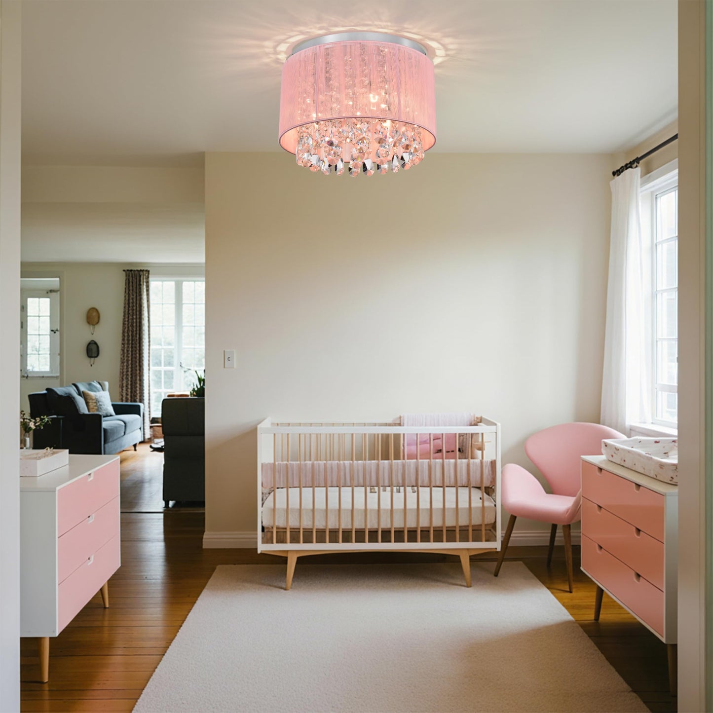 Lalula Pink Chandelier Drum Flush Mount Light Fixture - 3-Light 11 Round Crystal Ceiling Light For Girls Bedroom
