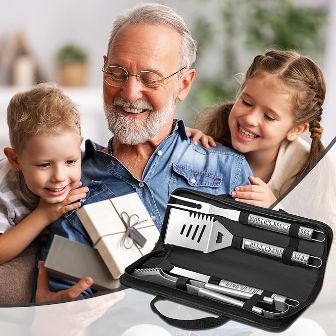 Grandpa Gifts from Grandkids, Gifts for Grandpa Christmas, Grilling Accessories, Heavy Duty Stainless Steel Grill Set BBQ Grill Tools for Outdoor Grill with Aluminum Case, Camping Grill Utensils Set