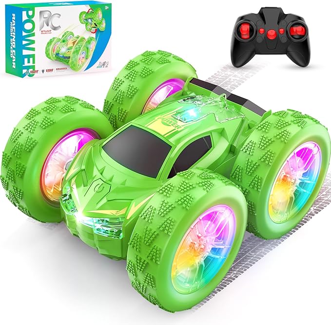 Remote Control Car for Kids, RC Stunt Cars Toys for Boys Ages 4-7 with Cool Double-Sided Pattern and LED Flash, 1:24 Vehicle Toy Car Hobby Racing Car Toys Gift for 3 4 5 6 7 8 9 Year Old Boys