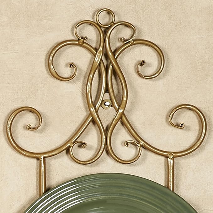 Kanya Gold Single Wall Mount Plate Rack | One Plate Decorative Holder | Plate Display Easel | Openwork Scrolls | Traditional Classic Metal Plate Racks | Platter or Plate Stand | Kitchen | Dining Room
