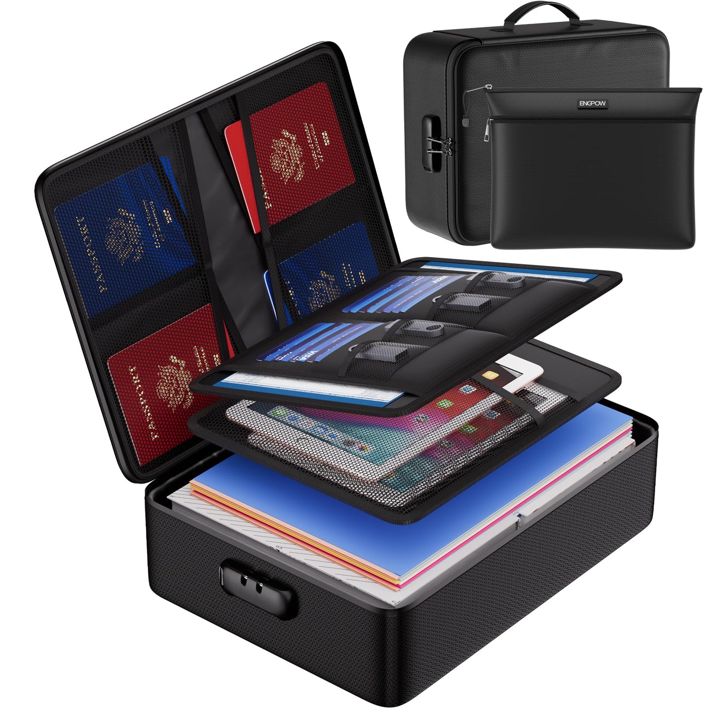 ENGPOW Fireproof Document Bag with Lock,File Organizer Set with Zipper Money Case,5 Layers Protection Fireproof Safe Storage for Important Documents,Passport,Laptop,14.2"*10.6"*4",Soft Case