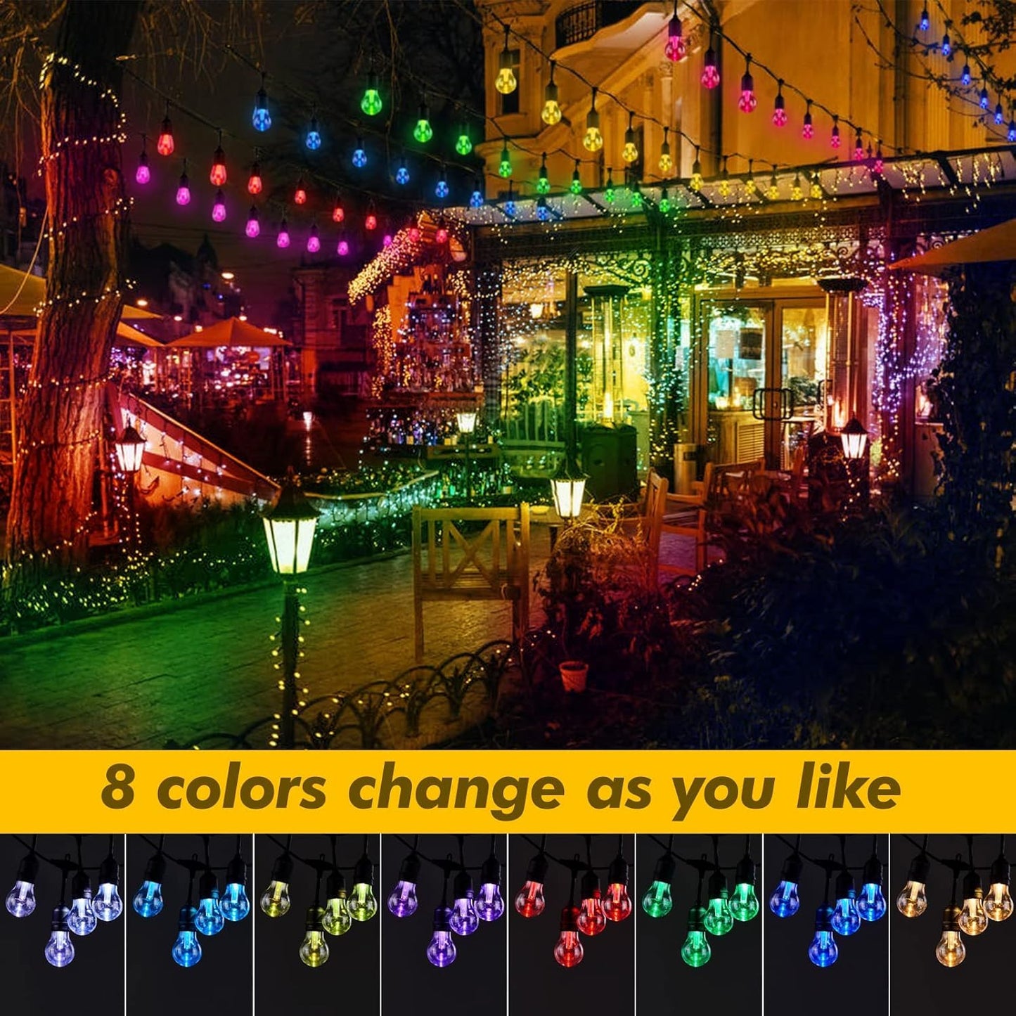 IPStank 144FT Solar Outdoor String Lights, 45 Shatterproof E26 LED Bulbs, IP65 Waterproof, RGB Color Changing, Dimmable, Model YGM-S14-15