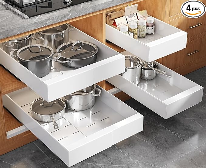 4 Pack Expandable (9"-14") Pull Out Cabinet Organizer 21" Deep With Raising Pad for Framed Cabinets,Upgrade 3 Slide Rails Slide Out Drawers,No Drill Roll Out Shelves Adhesive,White