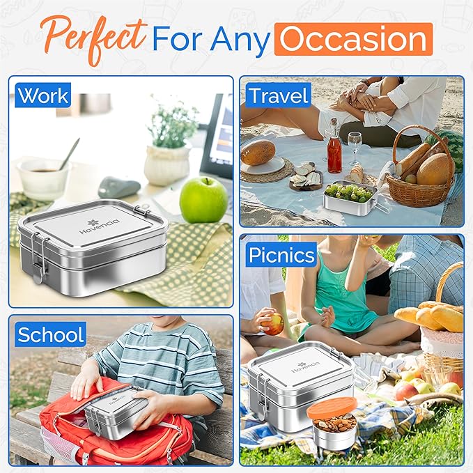 Stackable Stainless Steel Bento Box With Snack Container, 47oz/1400ml, Lunch Box for Kids & Adults, Bento Lunch Box With Compartments, Eco-Friendly Metal Container for School, Work, & Travel