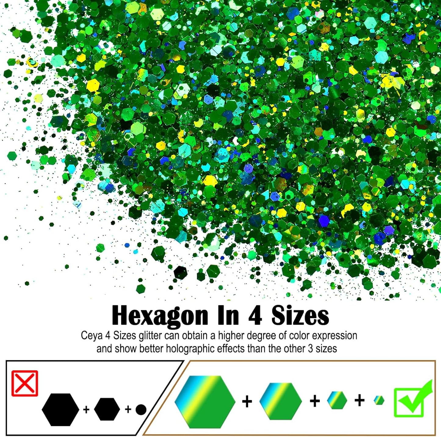 Ceya Holographic Chunky Glitter, 4.9oz/ 140g Green Craft Glitter Powder Mixed Chunky & Fine Flakes Iridescent Nail Sequins for St Patricks Day Party Decor, Epoxy Resin, Tumblers, Slime, Painting