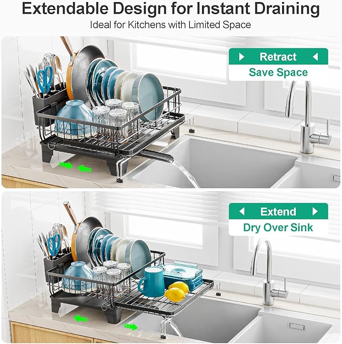 GSlife Extendable Dish Drying Rack - Large 2-in-1 Dish Racks for Kitchen Counter or Over Sink, Anti-Rust Dish Drainer with Pan Slots and Utensil Holder, 13.4"-22.4" L x 16.7" W, Black