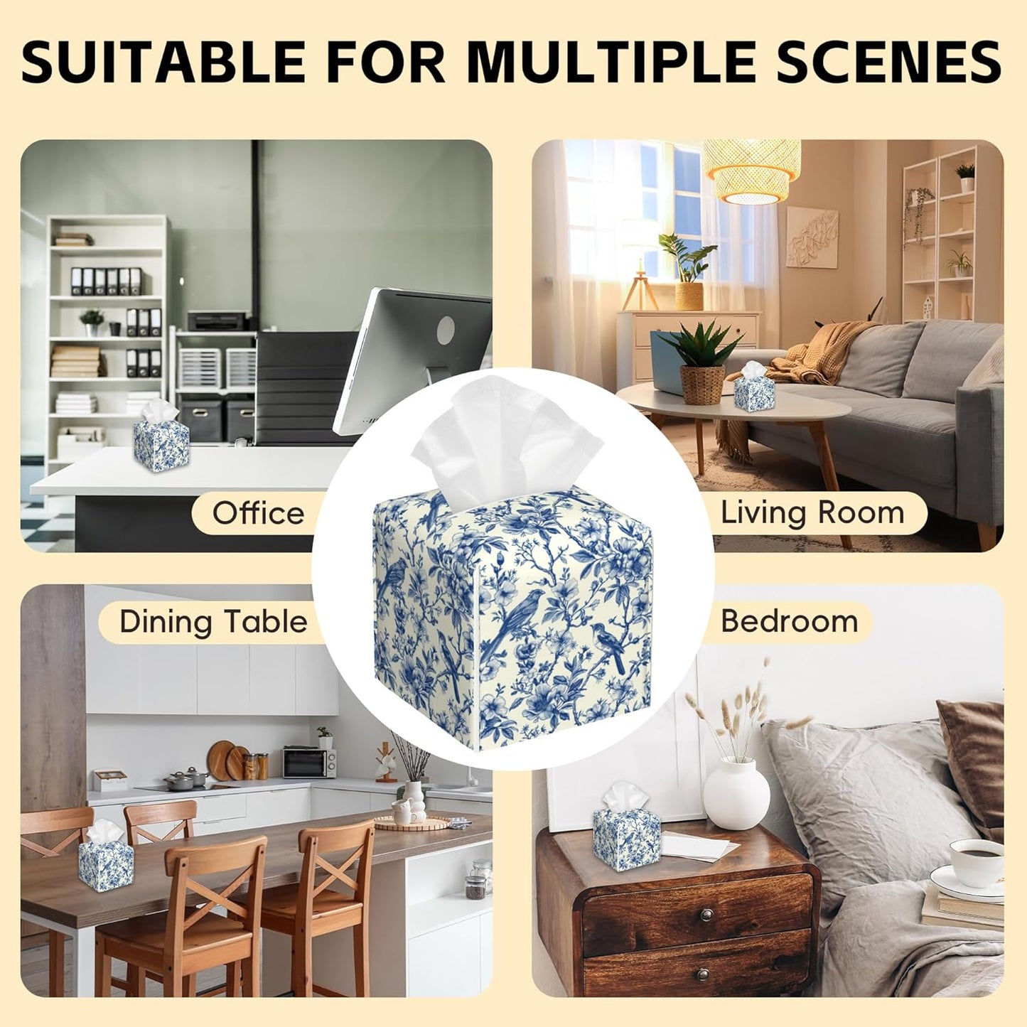 Tissue Box Cover Square,Vintage Floral and Blue Bird Tissue Box Holder Waterproof Leather Facial Paper Case Modern Home Decoration for Bedroom Dresser Night Stand Office Desk