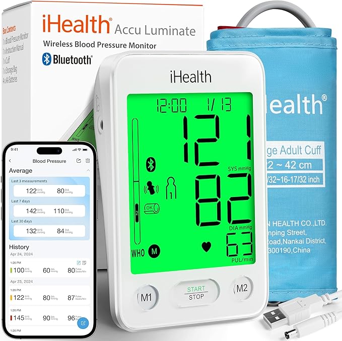 iHealth Accu Luminate Blood Pressure Monitor – 4.5" Tri-Color WHO-Based LCD(White), Clinically Accurate, Irregular Heartbe...