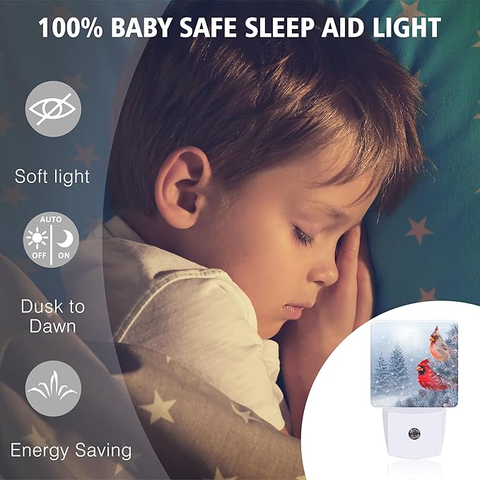 Red Birds Night Light Winter Cardinal Birds Plug in Night Lights LED Lamp with Dusk to Dawn Sensor Auto Energy Saving Square Lights for Bedroom Bathroom Hallway Home Wall Decor Nightlight