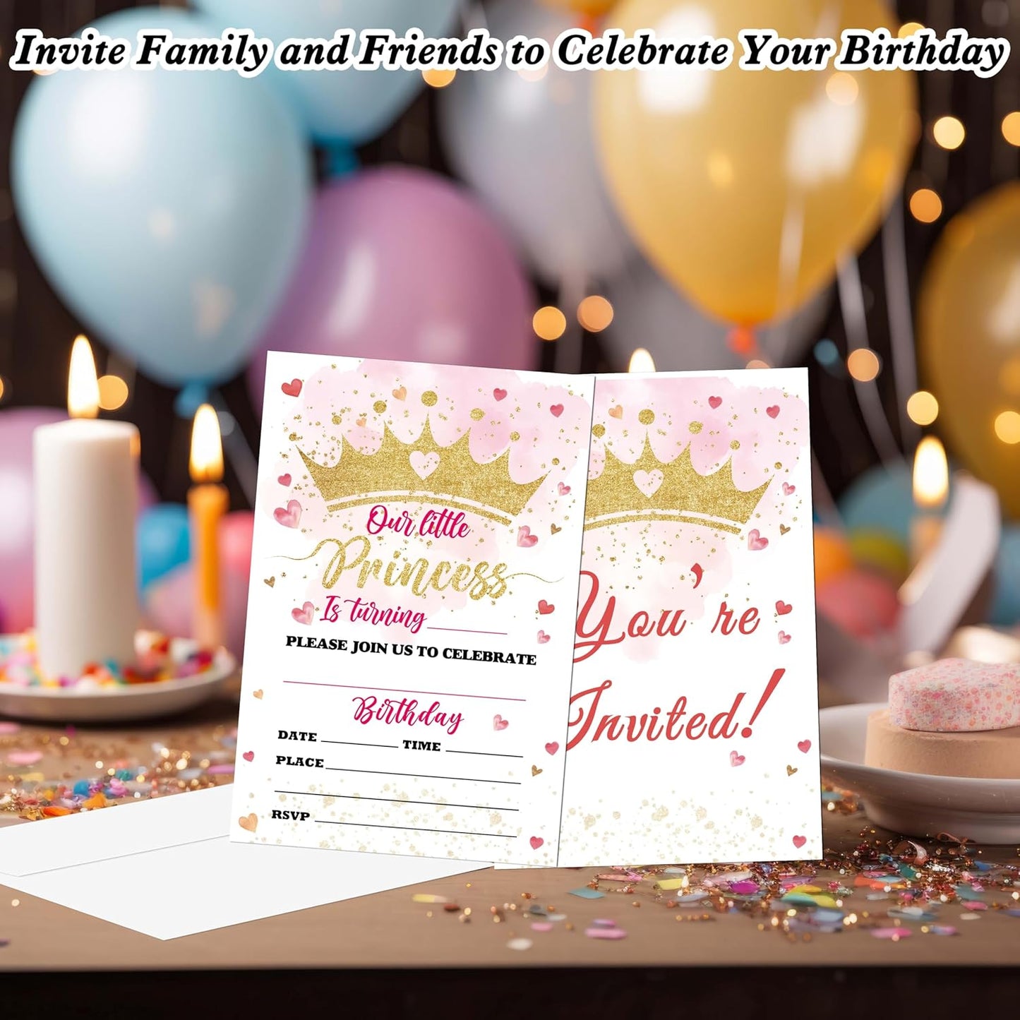 Princess Birthday Invitations, 20 Invitation Cards with Envelopes, Lovely Heart Invites for Girl Party Decorations Favor Supplies - A07