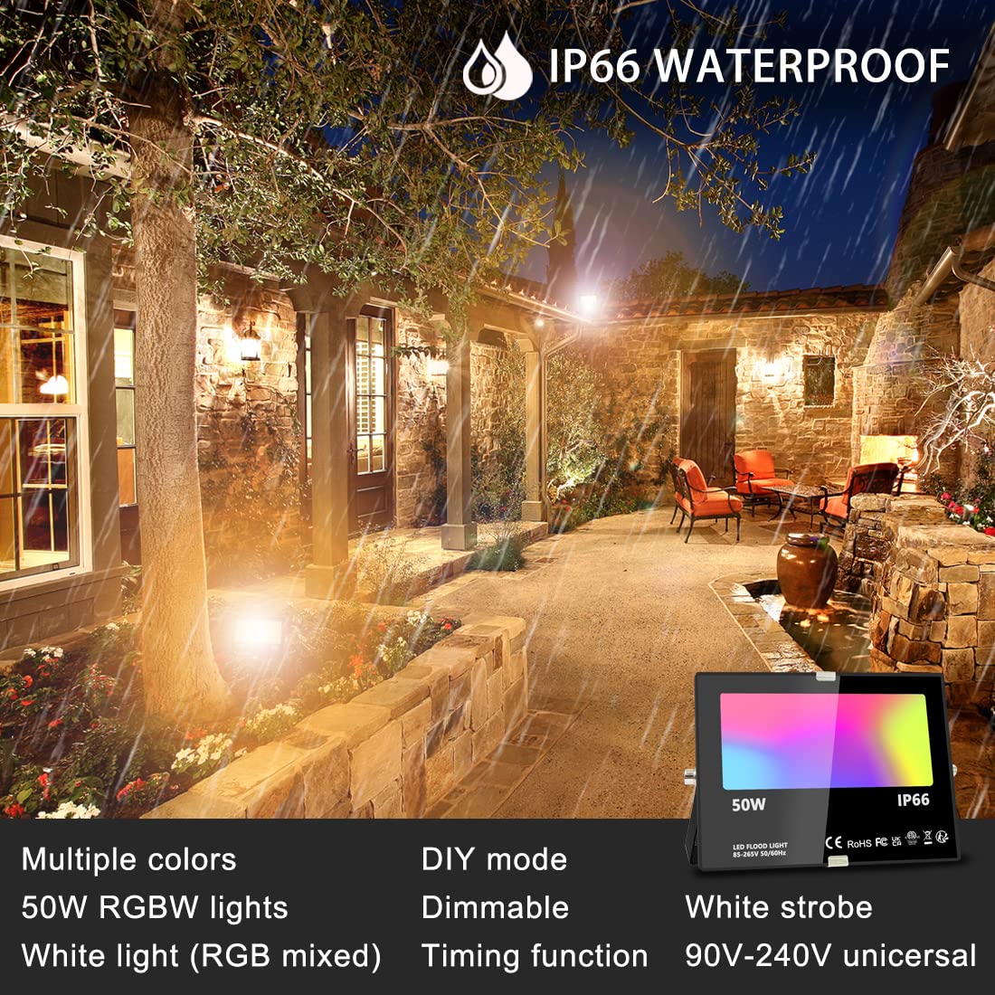 MELPO RGBW LED Flood Light, 50W Equivalent, 120 Colors, Dimmable, 2 Pack, Aluminum & Glass, Multicolor
