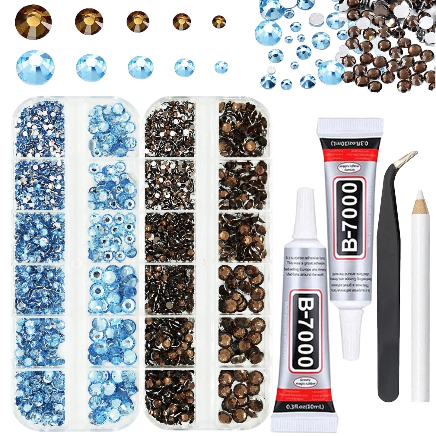 Rhinestones for Bedazzling with B7000 Glue, Light Blue Brown 2mm 3mm 4mm 5mm 6mm (SS8-SS30) Non-Hotfix Flatback Diamonds Kit, Na