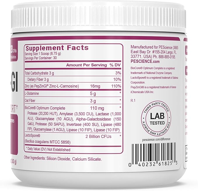 PEScience Complete-GI Gut Health Powder, Unflavored, Probiotics for Women and Men, Digestive Enzymes, Prebiotic Fiber, L Glutamine, Zinc Carnosine, 30 Servings
