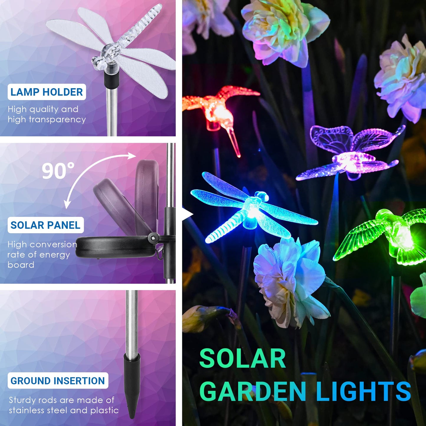 SOLPEX Solar Garden Lights, 6 Pack, Multi-Color Changing LED, Plastic, Dragonfly Design for Yard, Patio, Lawn