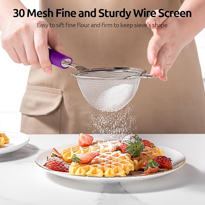 U-Taste Fine Mesh Food Strainer: 18/8 Stainless Steel 30 Mesh Kitchen Sieve with Sturdy Riveted Silicone Handle, Heavy Duty Deep Handheld Metal Colander (Small/3.35in+Medium/4.73, Purple)