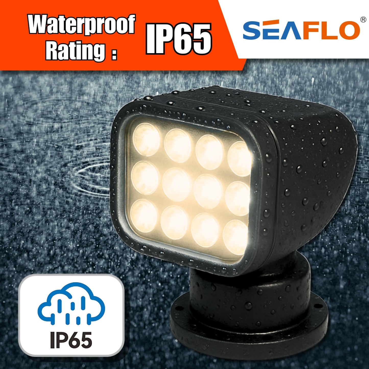 SEAFLO 360° Rotating LED Searchlight, IP66 Waterproof, 10-30V, Wireless Remote, Warm Light 2700K, Black, Model SFSL-2700Y