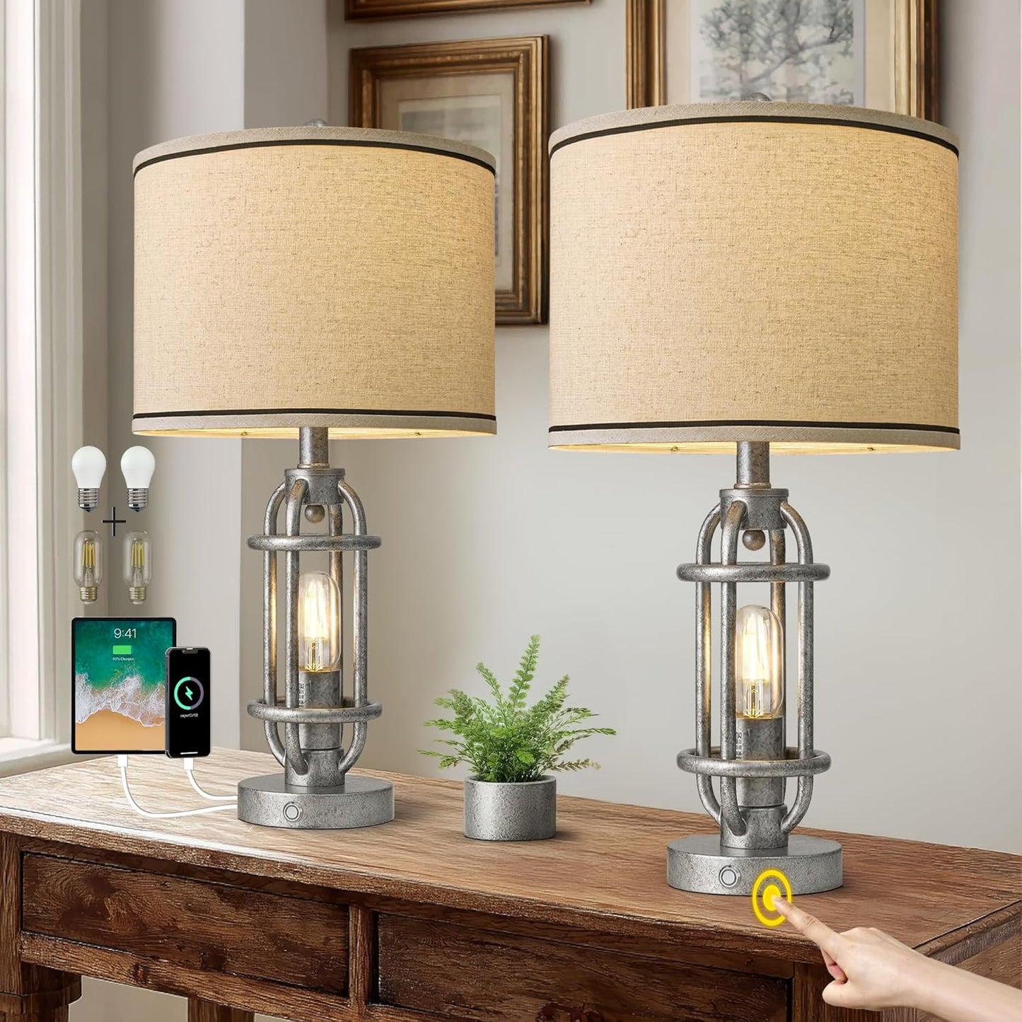 23.75'' Table Lamps Set of 2 for Living Room Bedroom Industrial Farmhouse Metal Touch Lamps with USB A+C Ports, Night Light Vintage Nightstand Bedside Lamp, Bulbs Included, Antique Silver