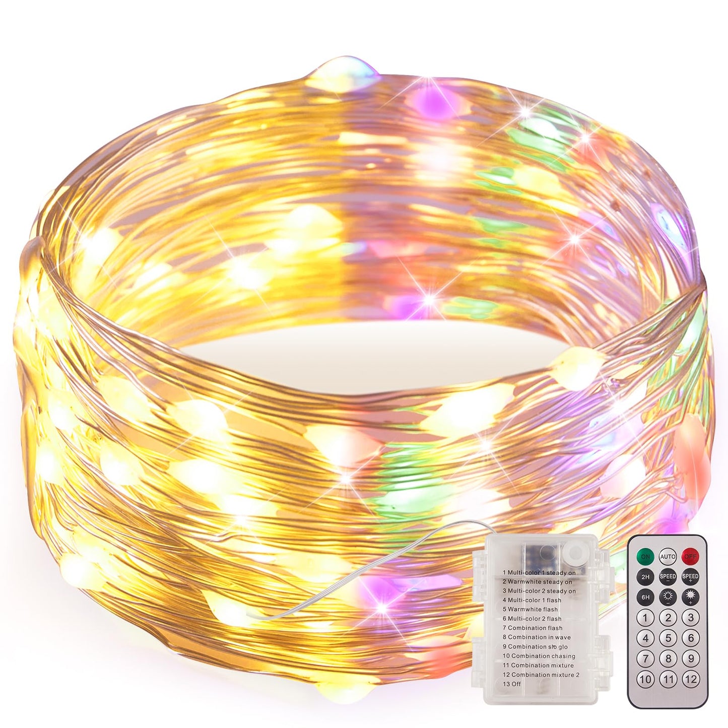 Ariceleo 50 Led Battery Operated String Lights, 5M Warm White & Multi-Color, Remote Control, Waterproof Silver Wire Fairy Lights