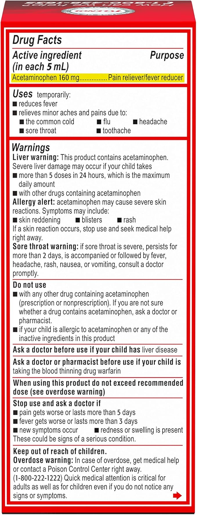 Children's Tylenol Liquid Oral Suspension Pain Reliever & Fever Reducer with Acetaminophen, Aspirin-, Ibuprofen-, High Fructose Corn Syrup- & Dye-Free, Cherry, 4 Fl. Oz