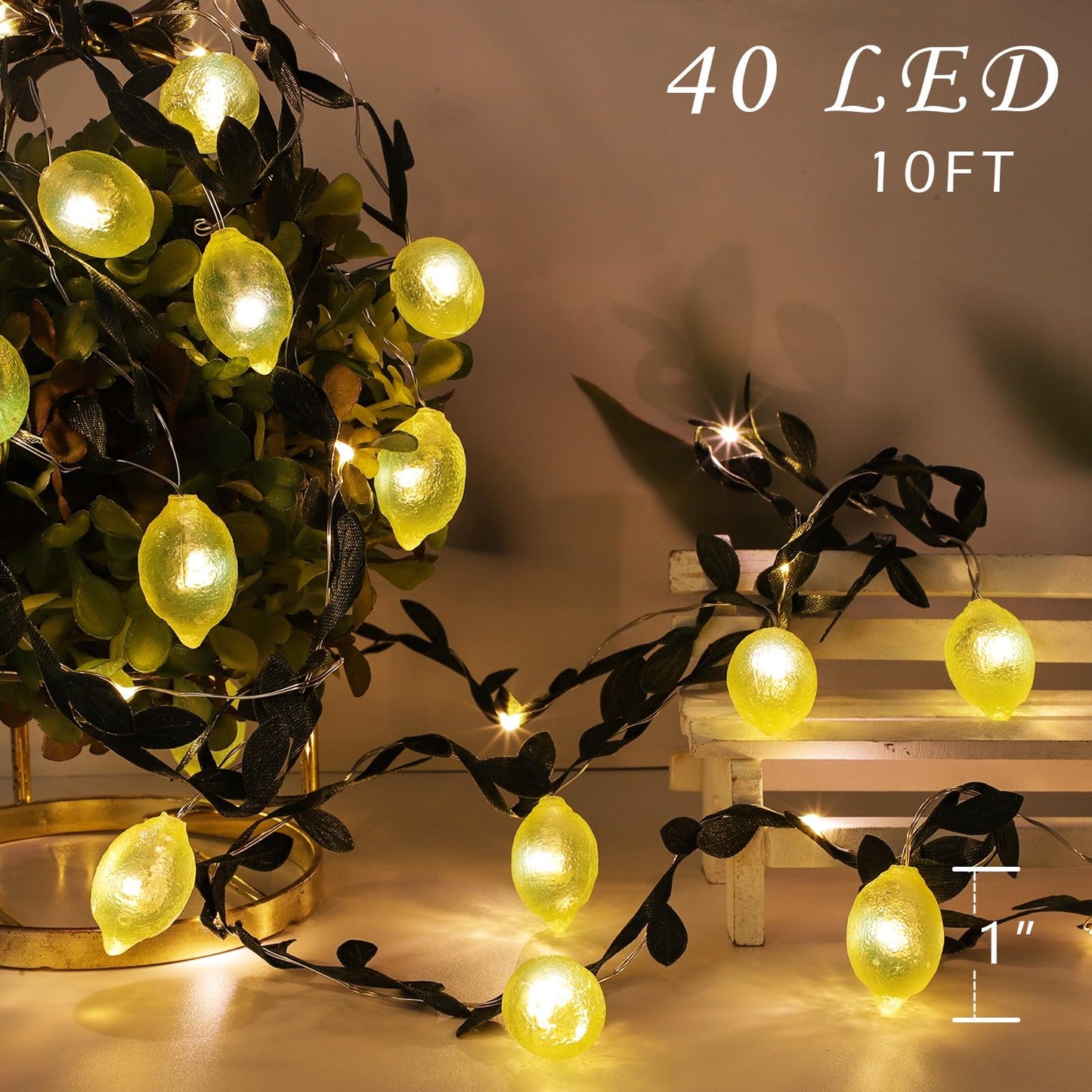 FLAVCHARM 3D Lemon LED String Lights, 10FT, 40 LEDs, USB/Battery Operated, Remote Timer, Fairy Lights for Bedroom and Party Decorations