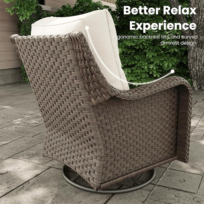 10 Pieces Outdoor Patio Furniture Sets with Rocking Swivel Chairs with 6-inch Thick Cushion and Fire Pit Table for Deck Lawn