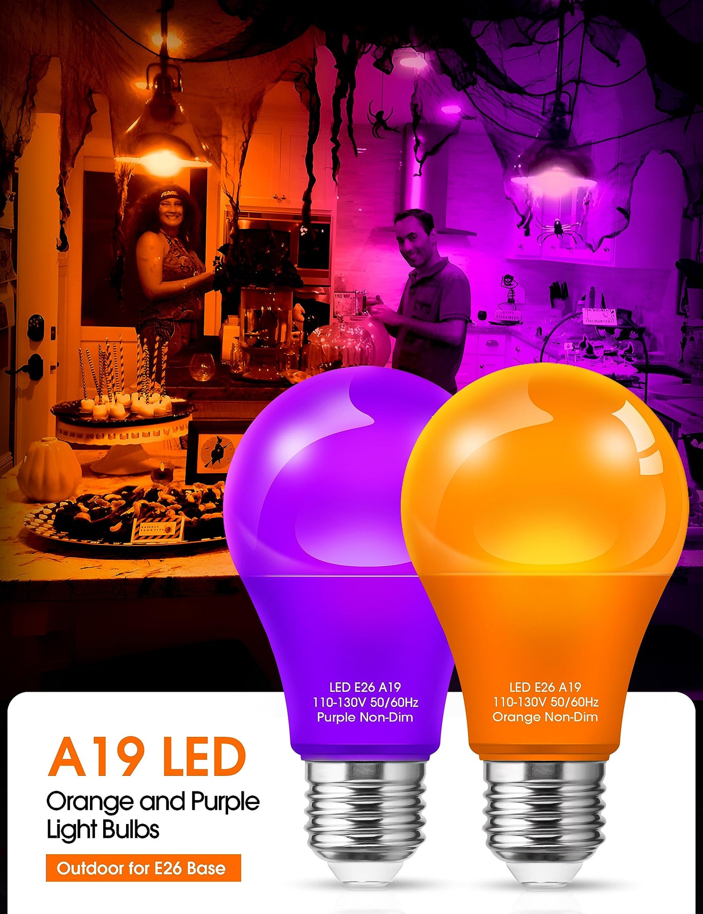 Woxeon A19 Led Light Bulbs 4 Pack - 2 Orange & 2 Purple, 9W (60W Equivalent), E26 Base, Plastic - Perfect For Halloween & Holiday Decor