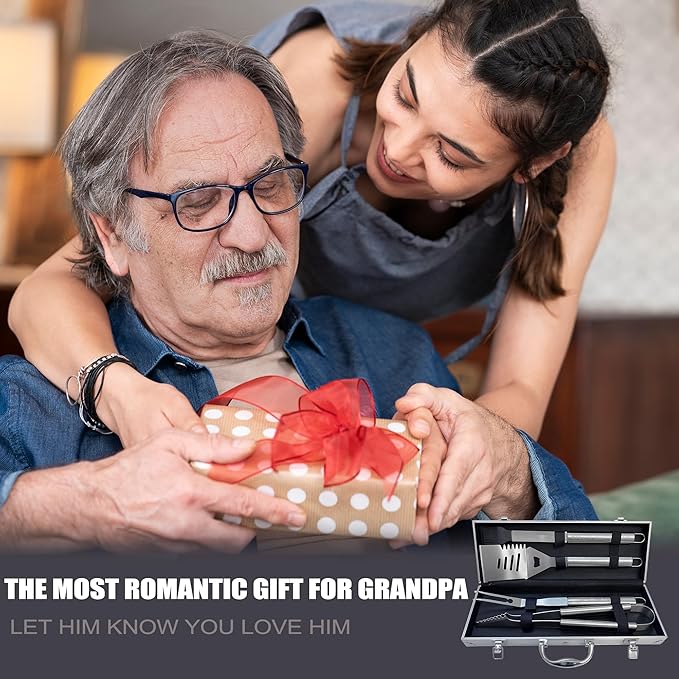 Grandpa Gifts, Gifts for Grandpa Fathers Day from Grandkids - Heavy Duty Grilling Accessories Kit for Backyard BBQ, Thick Stainless Steel Grill Utensils with Non-Slip Handle Tool Birthday
