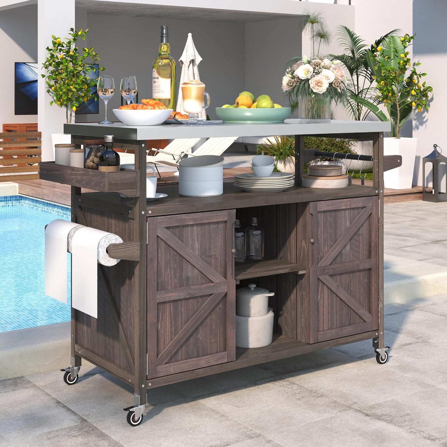 Outdoor Grill Carts for Patio Graden BBQ with Storage Cabinet, Home Rolling Kitchen Island Bar Cart with Stainless Steel Top, Food Prep Table with Shelves, Spice Rack & Towel Holder (Dark Brown)