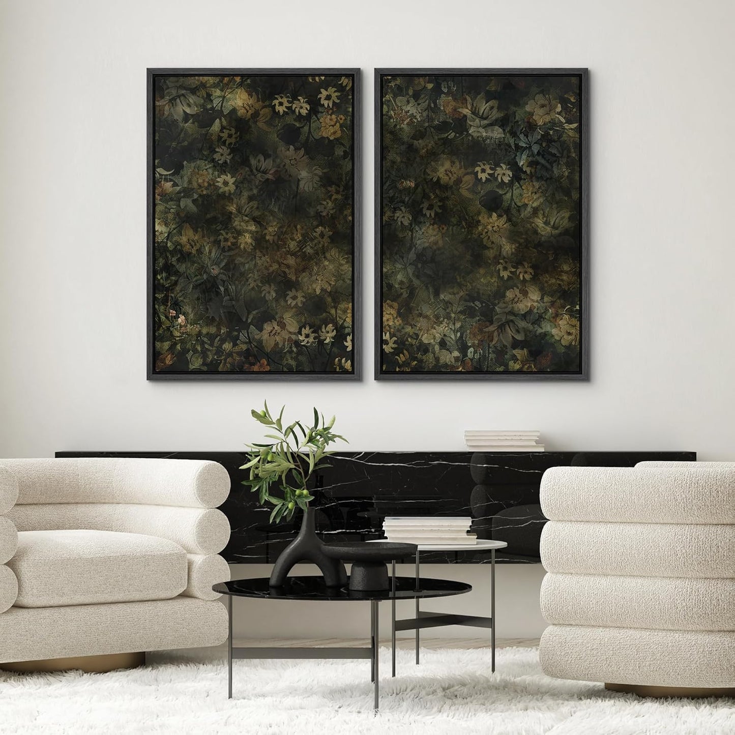 SIGNWIN Framed Canvas Print Wall Art Set Botanical Shadows Dark Floral Illustrations Modern Art Rustic Relax/Calm for Living Room, Bedroom, Office - 24"x36"x2 Black