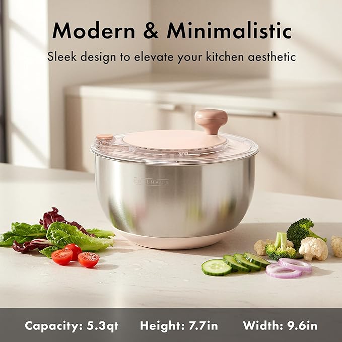 Salad Spinner Stainless Steel 5.3Qt | Lettuce Spinner BPA-Free with Stop Button, Drain Spout & Crank Handle | Fruit Cleaner | Vegetable Washer Salad Cleaner, Non-Slip Base Dishwasher Safe